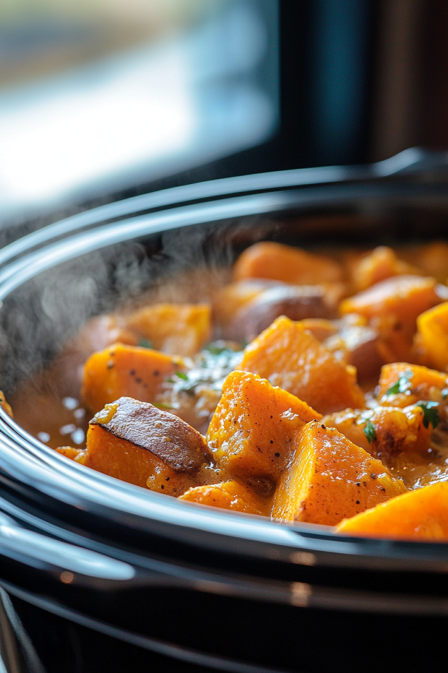 Close-up of the slow cooker lid closed, with the casserole cooking on High for 3 to 3 ½ hours. The slow cooker is gently steaming, indicating the warmth inside, with the texture of the sweet potatoes becoming softer and richer