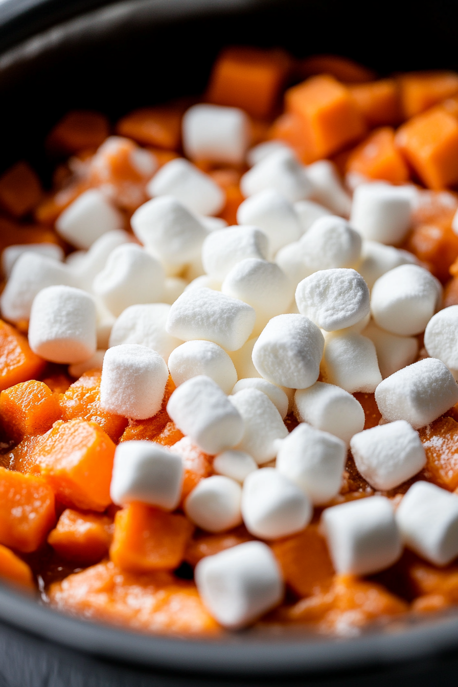 Close-up of miniature marshmallows being added to the cooked sweet potatoes inside the slow cooker. The marshmallows are starting to soften and puff up, creating a soft, inviting texture on top of the casserole