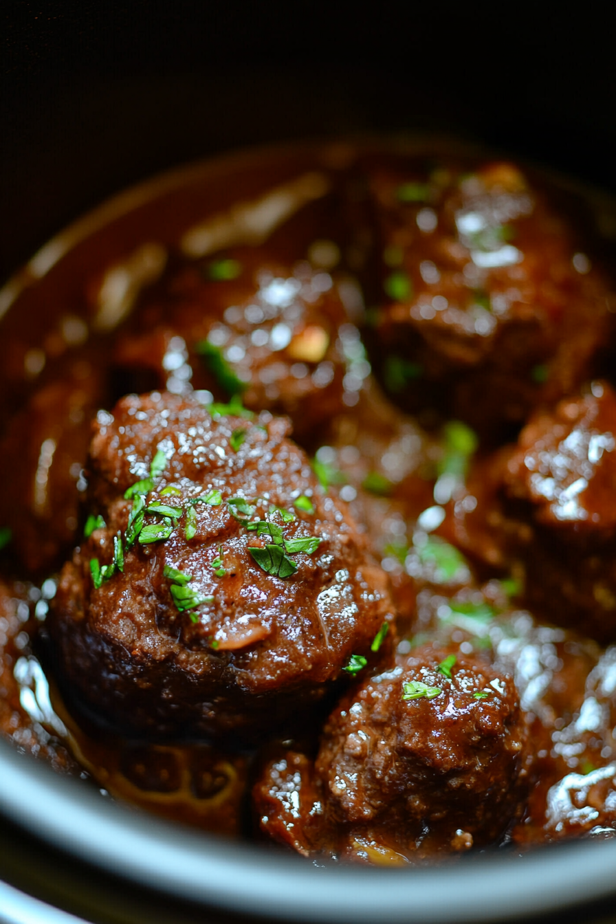 Close-up of the slow cooker lid closed, with the meatballs cooking on low for 3-4 hours. A gentle steam hints at the warm, savory aroma of the dish inside, creating an inviting and cozy scene.