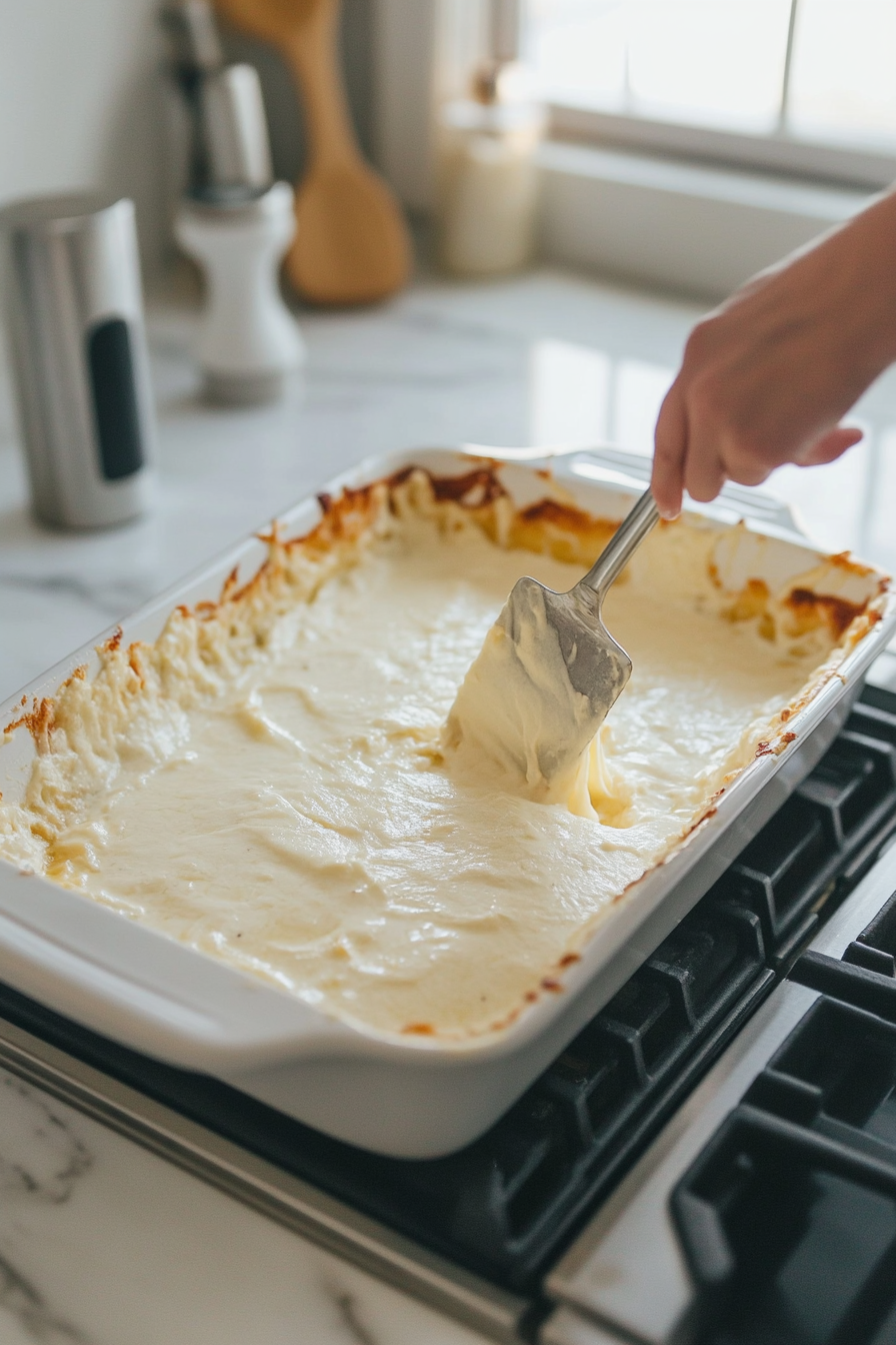 A greased 13x9-inch baking dish on a white marble cooktop with the dip mixture being spread evenly with a spatula. The creamy, cheesy surface looks smooth and ready for toppings