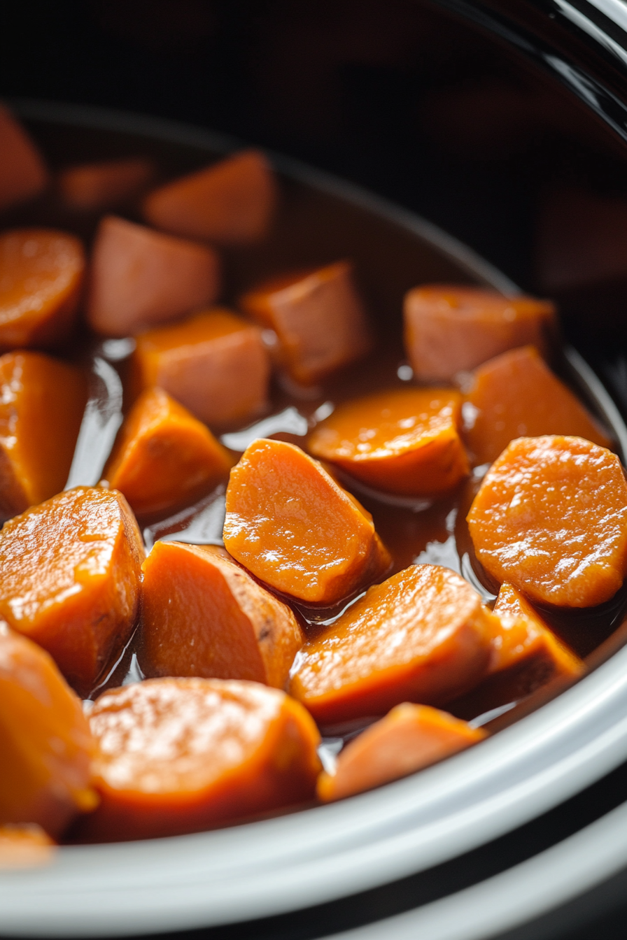 Close-up of two cans of drained sweet potatoes being placed into the slow cooker. The sweet potatoes are slightly mashed and arranged neatly, with some pieces visible and whole, creating a rich, hearty base. The focus is on the soft, tender sweet potatoes in the slow cooker.