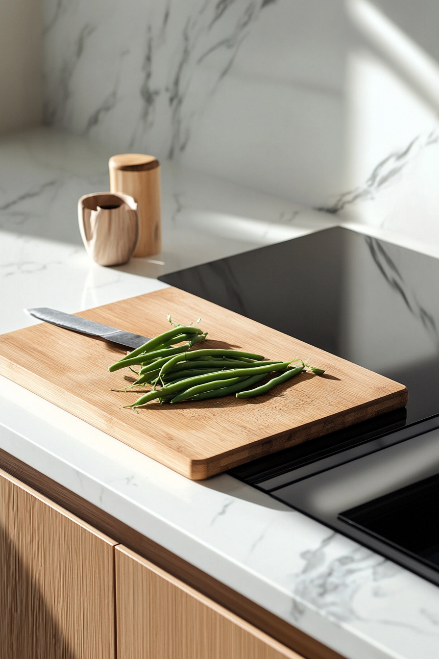 Fresh green beans on a cutting board, with their stems being trimmed using a small kitchen knife. Larger beans are halved for even cooking.