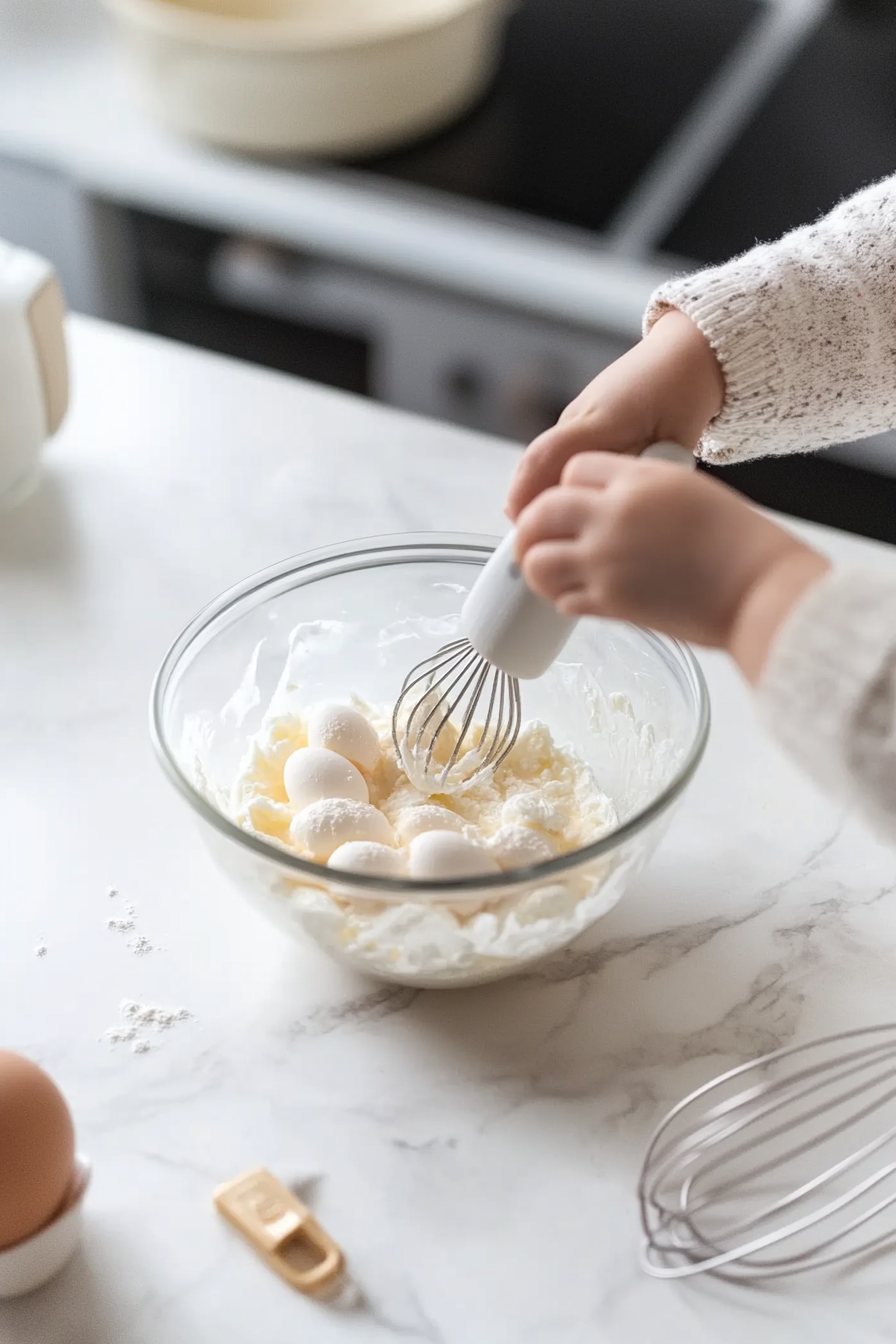 A glass bowl on a white marble cooktop with egg whites being whipped to soft peaks using an electric hand mixer. The glossy peaks are just starting to hold their shape, with the whisk attachment resting nearby.