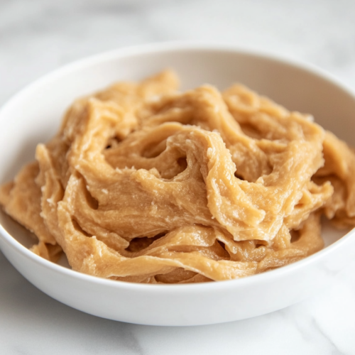 Close-up shot of hands using two forks to shred the cooled dough into stringy, vegan chicken-like pieces, placed on the white marble cooktop