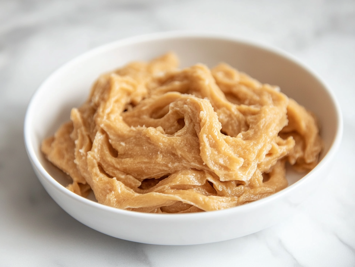 Close-up shot of hands using two forks to shred the cooled dough into stringy, vegan chicken-like pieces, placed on the white marble cooktop