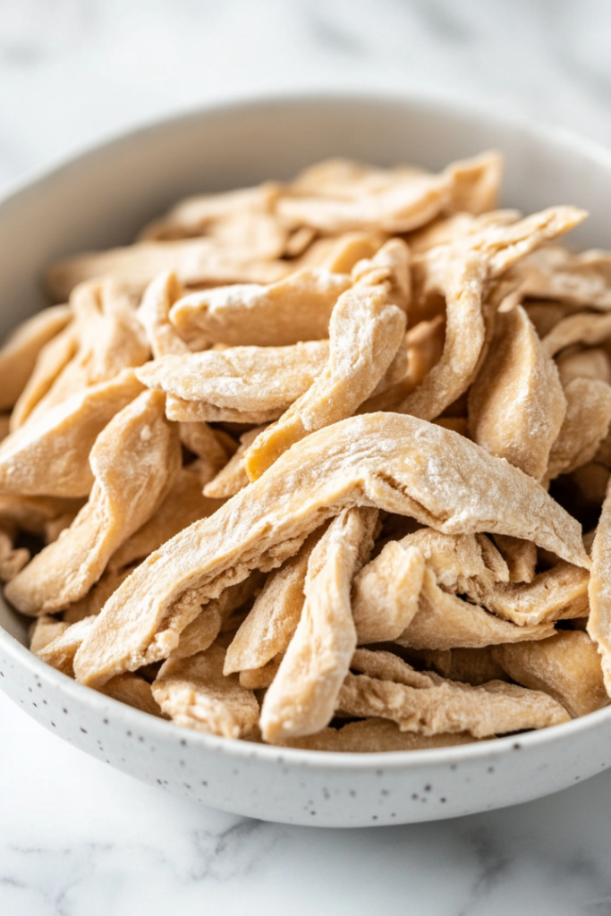 Close-up shot of hands using two forks to shred the cooled dough into stringy, vegan chicken-like pieces, placed on the white marble cooktop