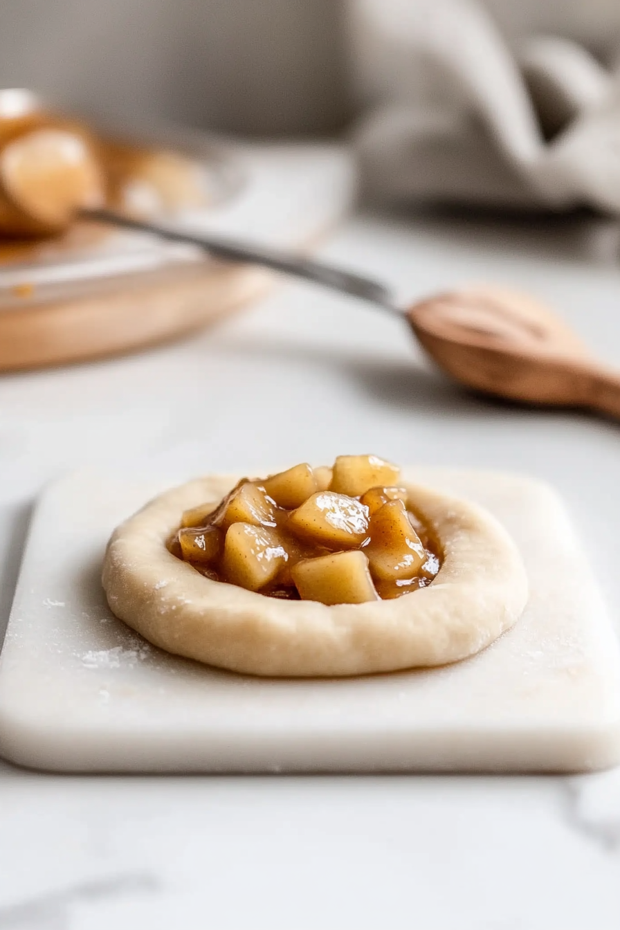 Close-up shot of a round dough circle on a white marble cooktop, brushed with warm caramel. A spoonful of apple pie filling is added to the center of the dough circle, ready for assembly.