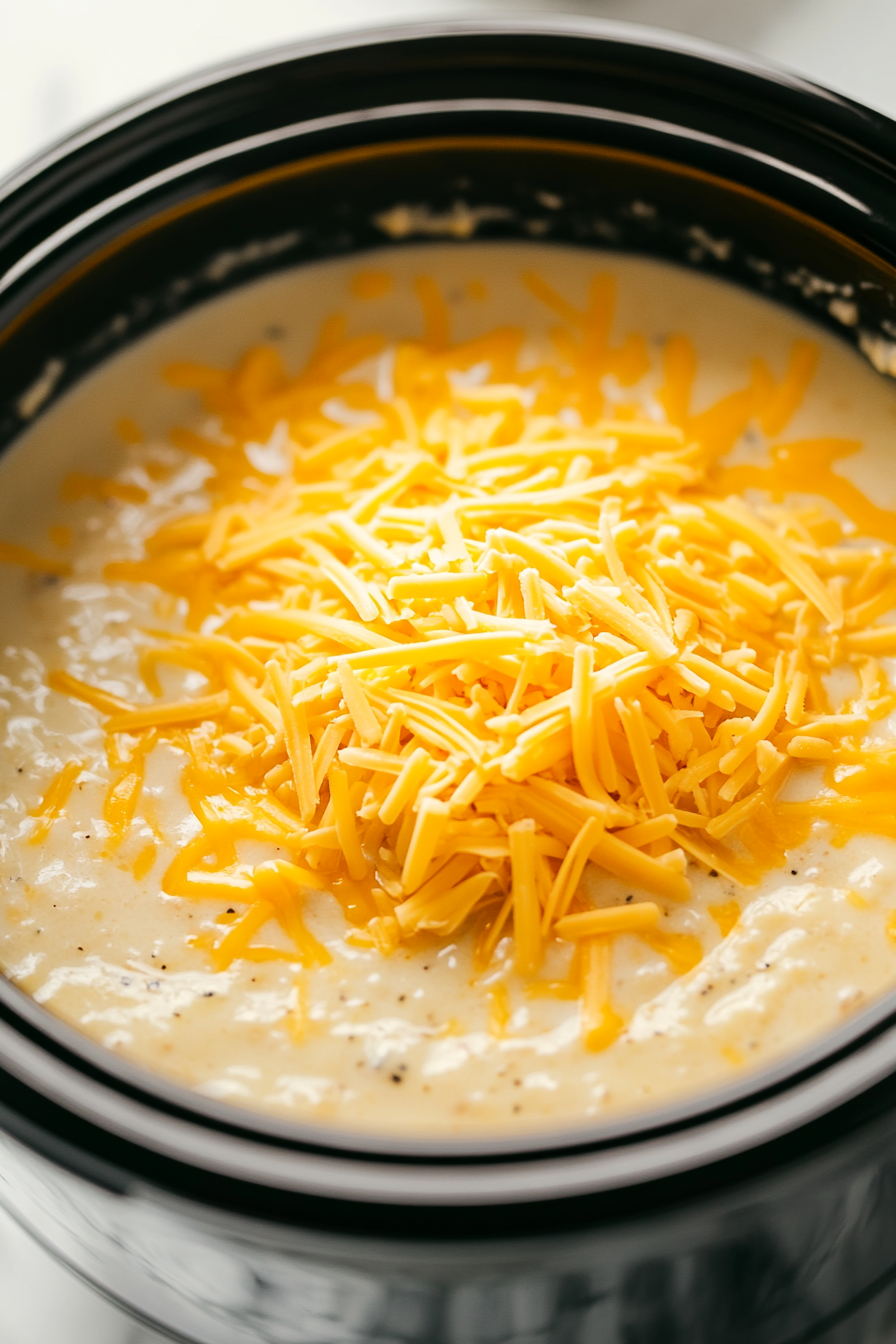 Close-up shot of shredded cheddar cheese being stirred into the soup inside the 6-quart slow cooker on the white marble cooktop. The cheese begins to melt and blend into the creamy mixture, creating a rich, golden texture