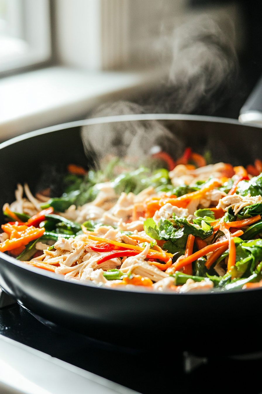 Close-up shot of a large pot on the white marble cooktop, with shredded rotisserie chicken, Mae Ploy Red Curry Paste, and fish sauce being added to the sautéed vegetables. The vibrant red curry paste and tender chicken blend into the sizzling vegetables, with steam rising from the mixture.