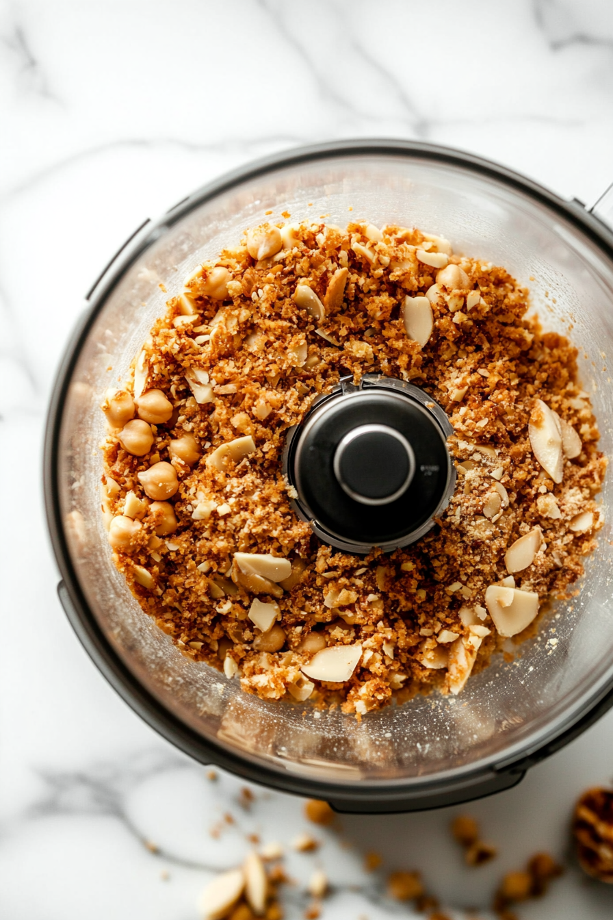 Close-up shot of a food processor on the white marble cooktop with chickpeas added to the crumbly almonds, pulsed into a flaky texture with a few whole beans still visible