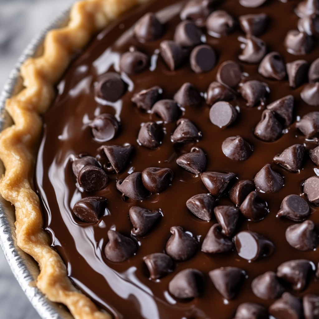 Close-up shot of melted chocolate chips being drizzled over the top of the pie with a spoon. The shiny chocolate glaze spreads smoothly across the surface