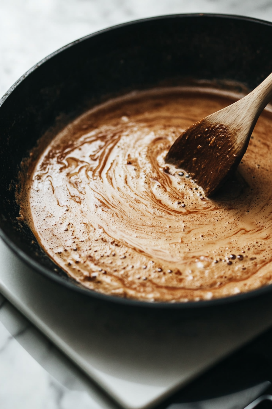 Close-up shot of a large black skillet on a white marble cooktop, with coconut milk and nutritional yeast being stirred into the simmering tomato mixture. The sauce becomes creamy and smooth, swirling together with a rich texture.