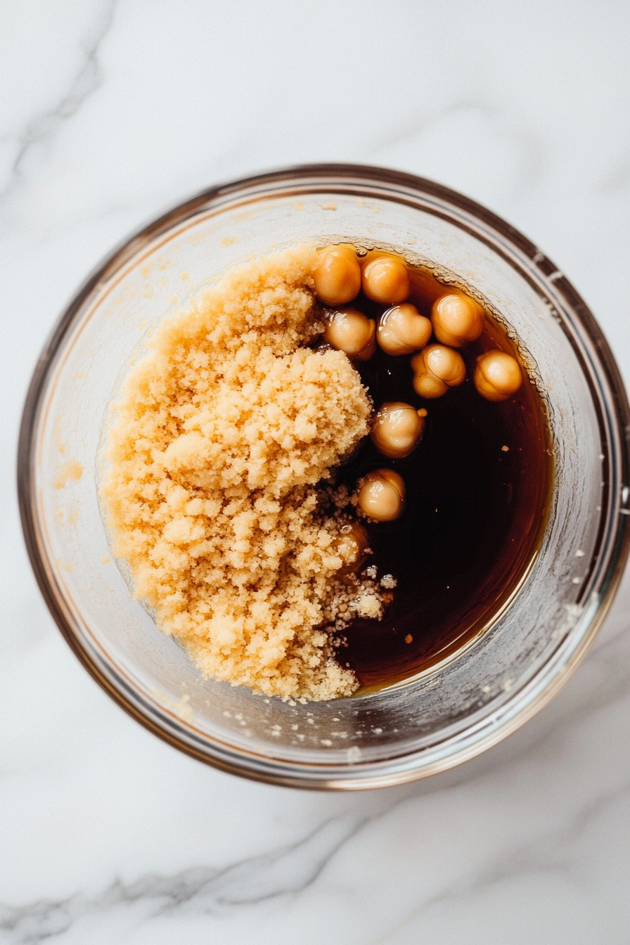 Close-up shot of olive oil, vegetable broth, soy sauce, vital wheat gluten, panko bread crumbs, and seasonings being added to the mashed chickpeas in a glass mixing bowl on the white marble cooktop. The mixture is being kneaded with hands to form a firm dough