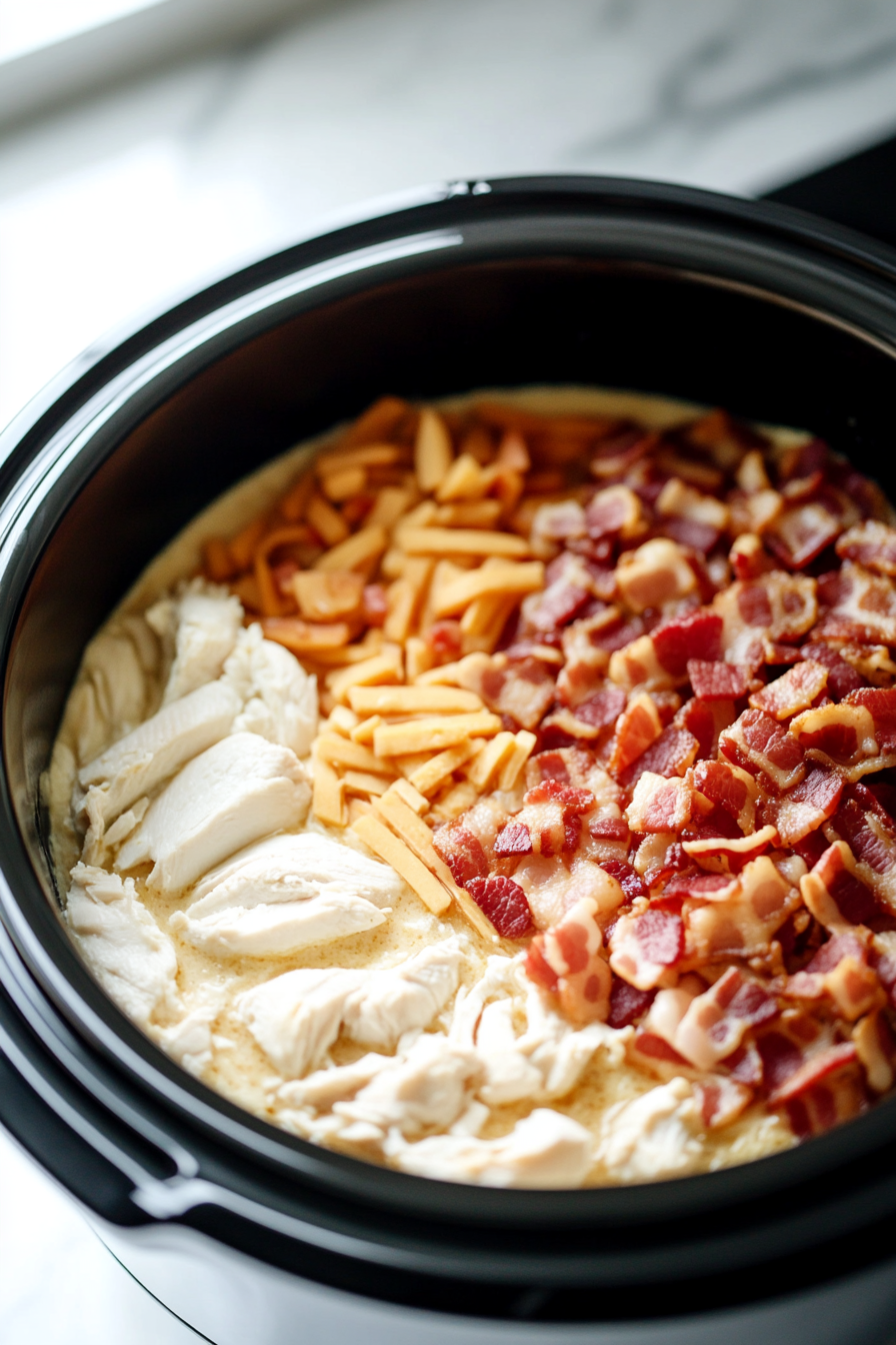 Close-up shot of a 6-quart slow cooker on the white marble cooktop, filled with 2 lb boneless skinless chicken breasts, 2 packages of cream cheese, 1 package of ranch dressing mix, cooked and chopped bacon, and 4 cups of unsalted chicken broth. The ingredients are arranged in a neat, layered fashion, ready to be cooked.