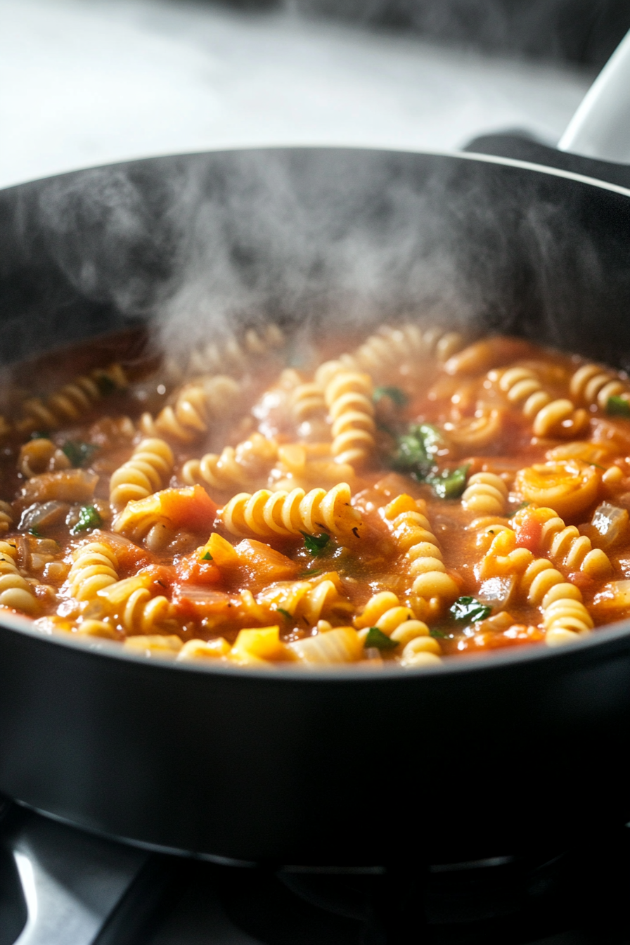 Close-up shot of a large black pot on the white marble cooktop. Chicken stock is being poured into the pot with sautéed vegetables, scraping any browned bits off the bottom. A can of undrained diced tomatoes is added, and spiral-shaped pasta is placed in the pot, ready to cook