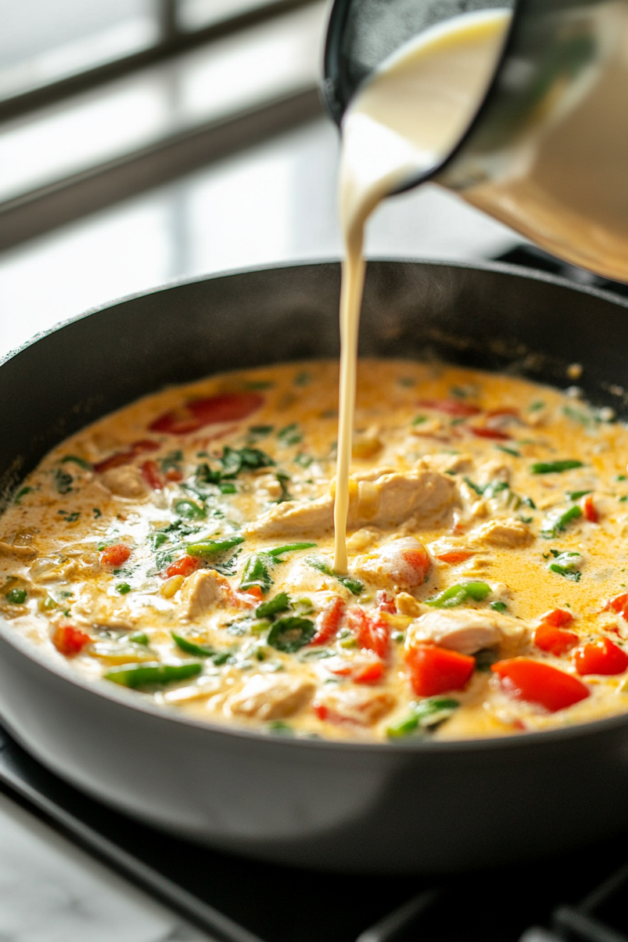 Close-up shot of a large pot on the white marble cooktop, with chicken broth and coconut milk being poured into the pot, creating a creamy, smooth swirl as the liquid combines with the curry paste, chicken, and veggies. The surface of the broth bubbles slightly as it mixes.