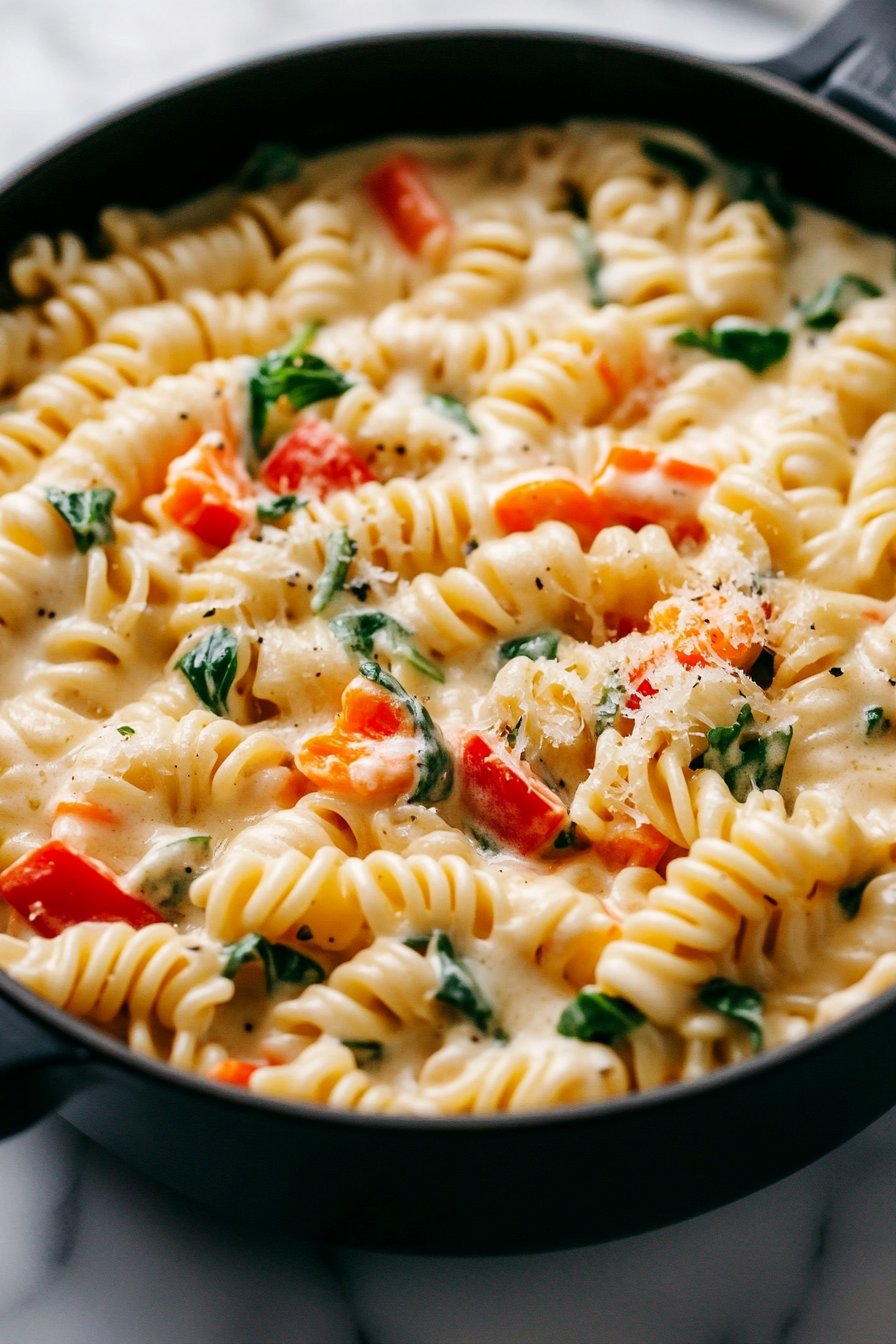 Close-up shot of a large black pot on the white marble cooktop. Grated Parmesan and cream cheese (or ricotta) are being stirred into the pasta, creating a creamy texture. The spiral-shaped pasta is now fully coated in the cheese sauce, ready to thicken