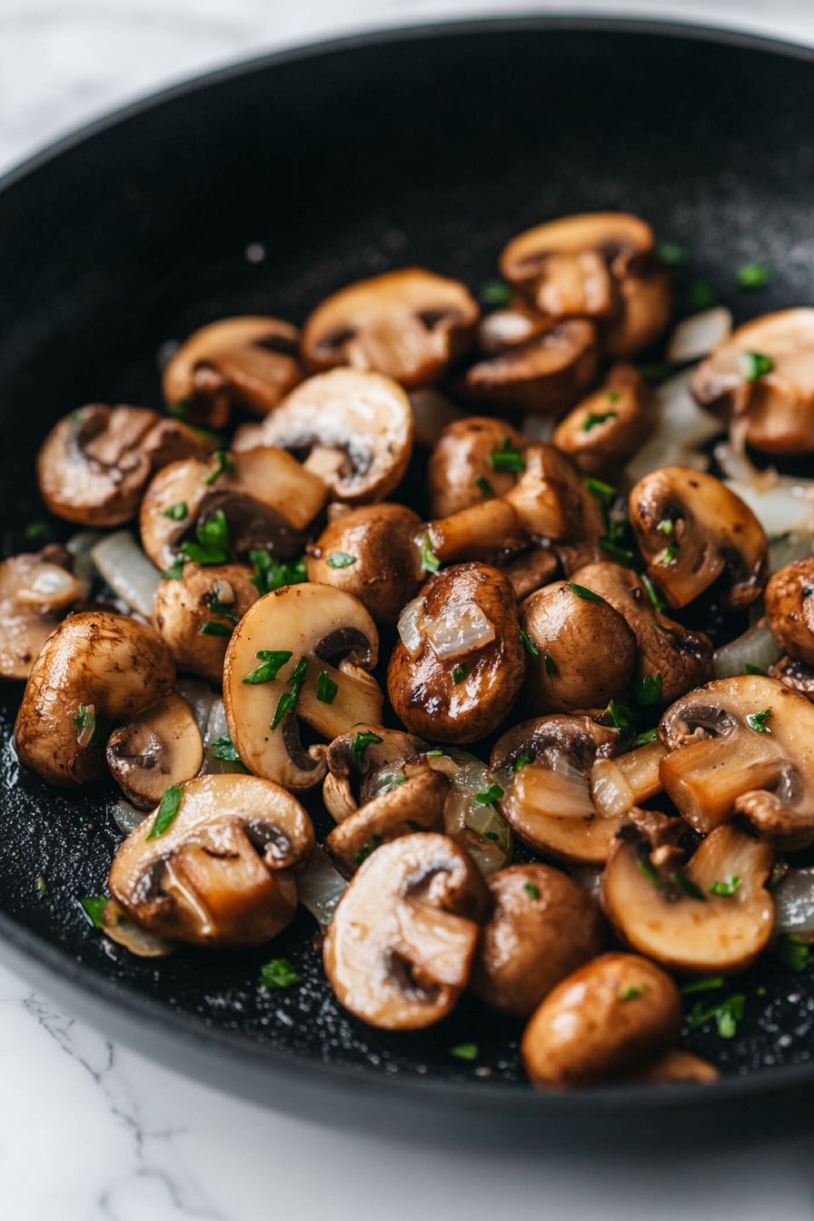 Close-up shot of a black skillet on the white marble cooktop with sliced mushrooms being added to the onions and garlic. The mushrooms begin to soften and release their juices, blending with the golden vegetables in the pan