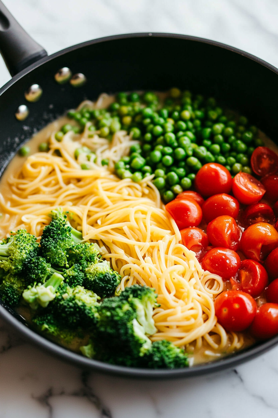 Close-up shot of the black sauté pan on the white marble cooktop. Broccoli florets, thawed peas, and halved cherry tomatoes are stirred into the simmering pasta and vegetable mixture. The vibrant ingredients blend into the rich, creamy broth