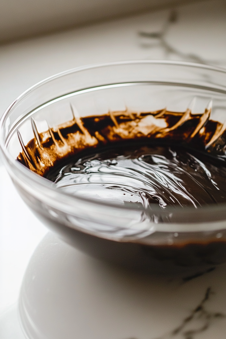 A close-up of a glass mixing bowl on a white marble countertop showing the melted chocolate mixture being folded into the glossy whipped aquafaba. The batter turns a rich dark chocolate color and becomes smooth and luxurious.