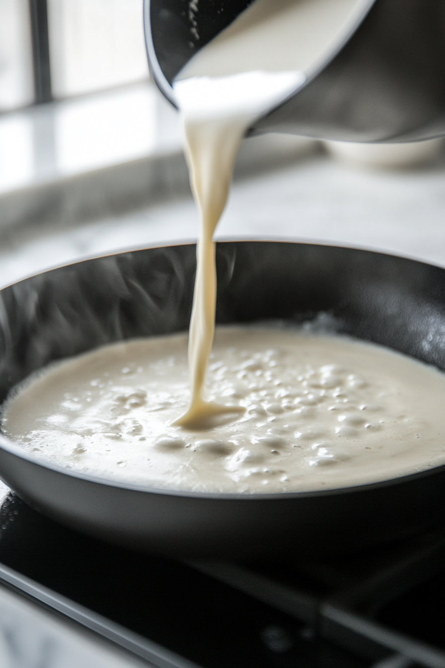 Close-up shot of the same large black skillet over the white marble cooktop, with non-dairy milk being incorporated into the sauce. The mixture thickens into a rich, creamy consistency.