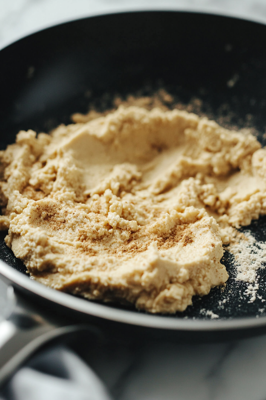 Close-up shot of a shiny black skillet on the white marble cooktop, showcasing mashed silken tofu being combined with vital wheat gluten and powdered spices. The ingredients are forming into a cohesive doughy mixture.