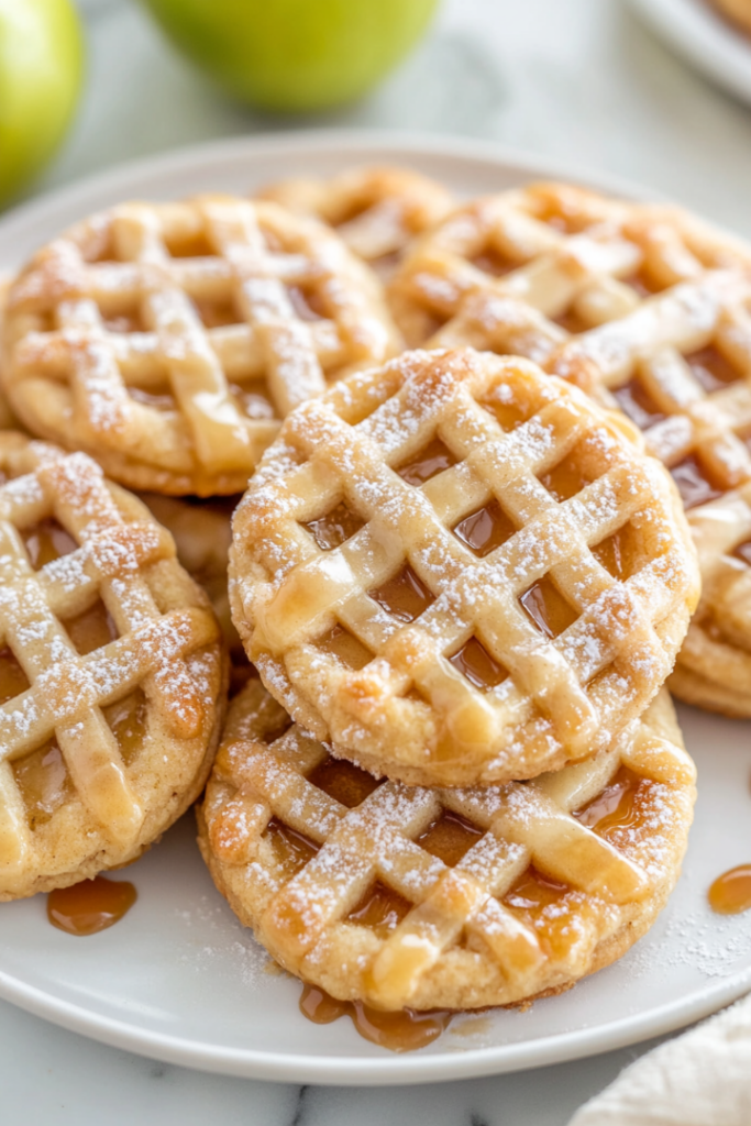 Close-up shot of the apple pie cookies placed on a parchment-lined baking sheet on a white marble cooktop, ready to be baked in the oven. The cookies are golden brown and about to be baked for 20-25 minutes.