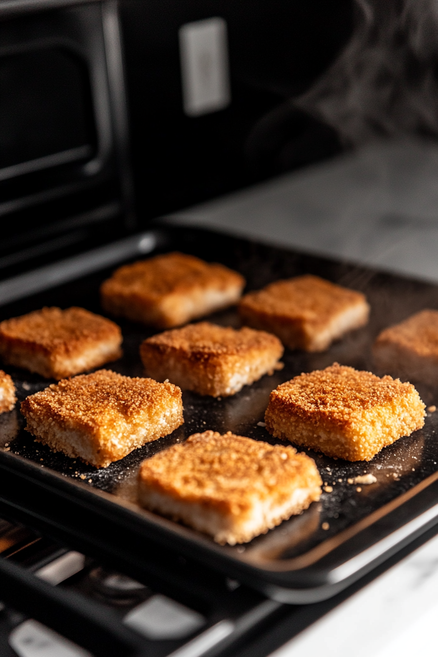 Close-up shot of four breaded vegan Chick’n sandwiches neatly placed on a parchment-lined baking sheet, their golden crust glistening under a light oil spray, over the white marble cooktop.