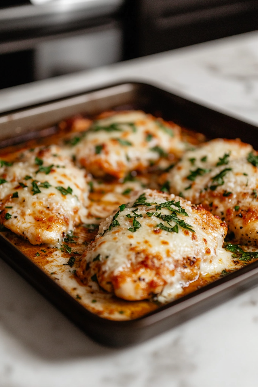 Close-up shot of golden-fried chicken breasts on the lined baking sheet, each topped with a layer of keto marinara sauce, fresh mozzarella slices, and a sprinkle of parmesan cheese, creating a vibrant and appetizing display.