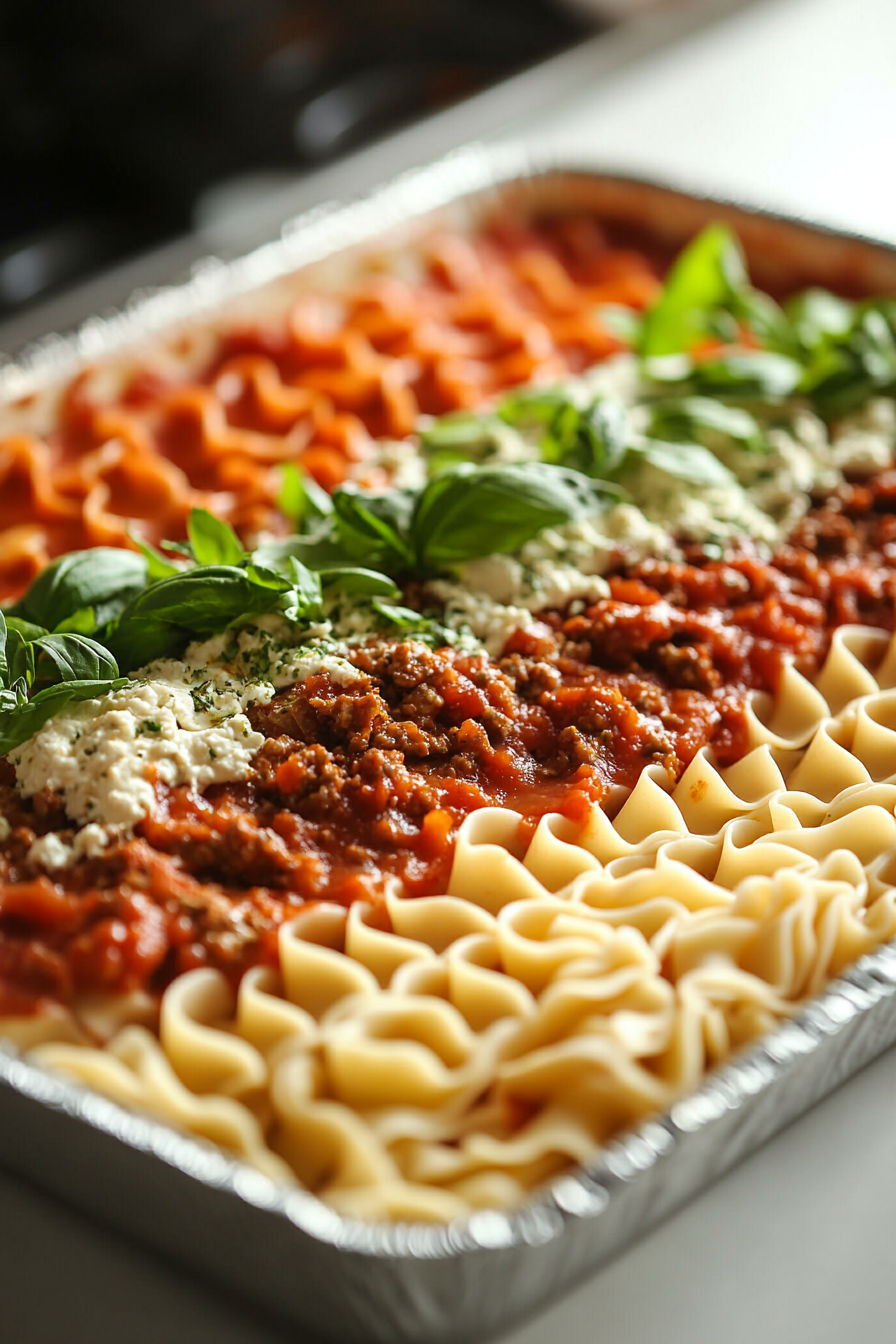 Close-up shot of a 9x13-inch baking dish on the white marble cooktop, greased and beginning to layer with marinara sauce, lasagna noodles, mushroom bolognese, tofu ricotta, and basil ribbons. Each layer is neatly spread