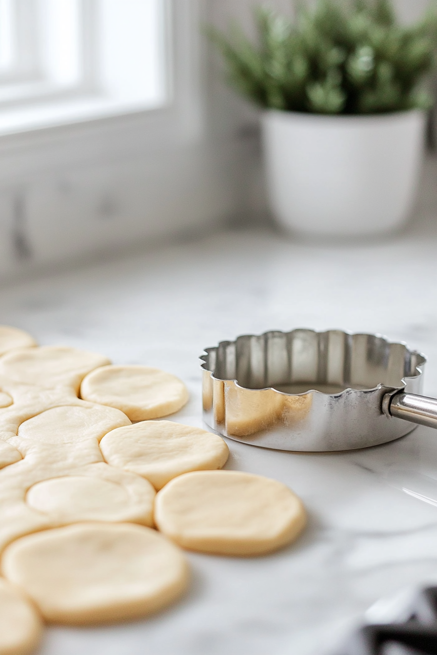 Close-up shot of the rolled-out dough on the white marble cooktop, with a round cookie cutter pressing down to form circles. The dough is being cut into perfectly round shapes.