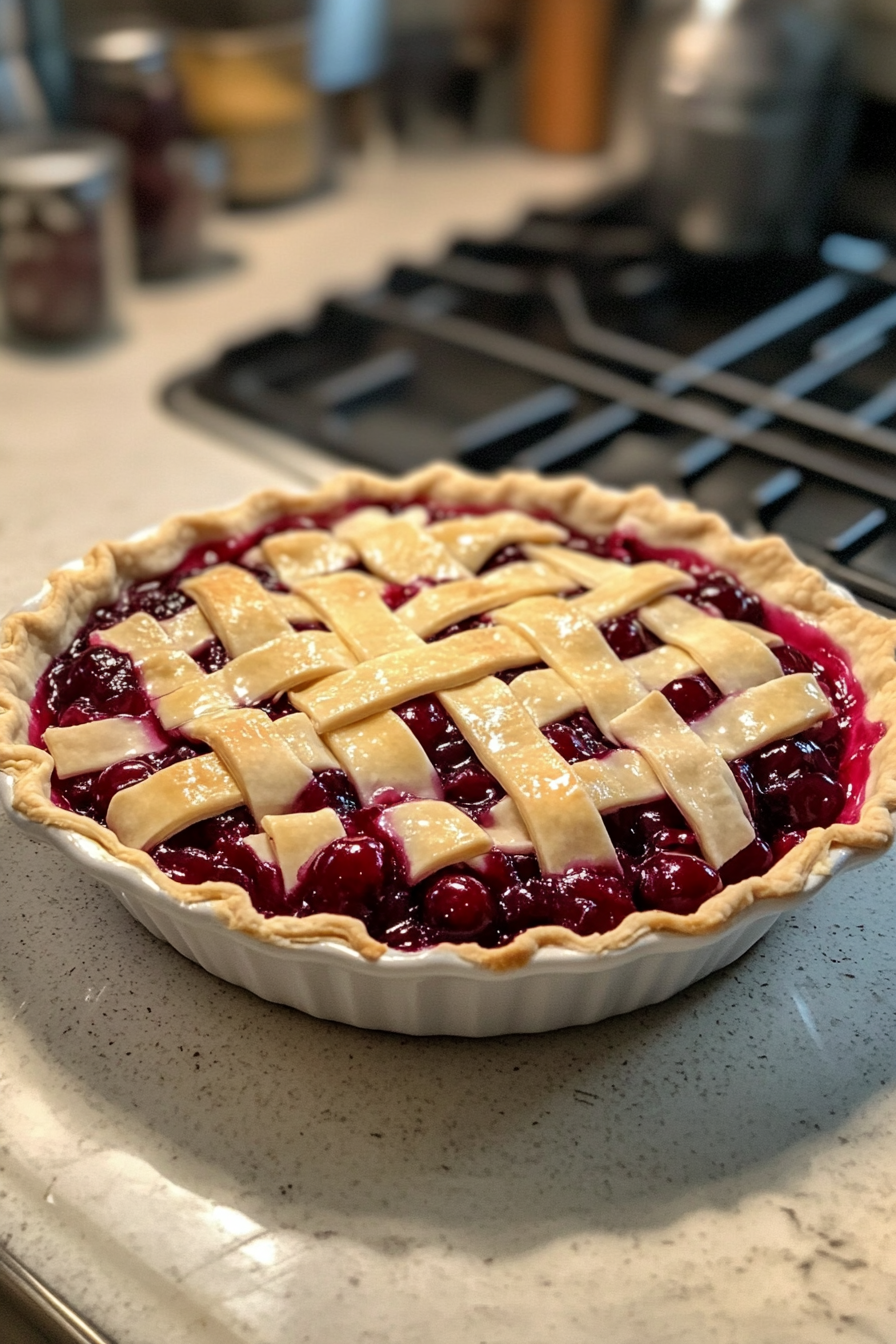 Close-up shot of the pie plate on the white marble cooktop, filled with glossy cherry filling and covered with a lattice pattern of dough strips. The edges are crimped neatly, and the pie is ready for baking.