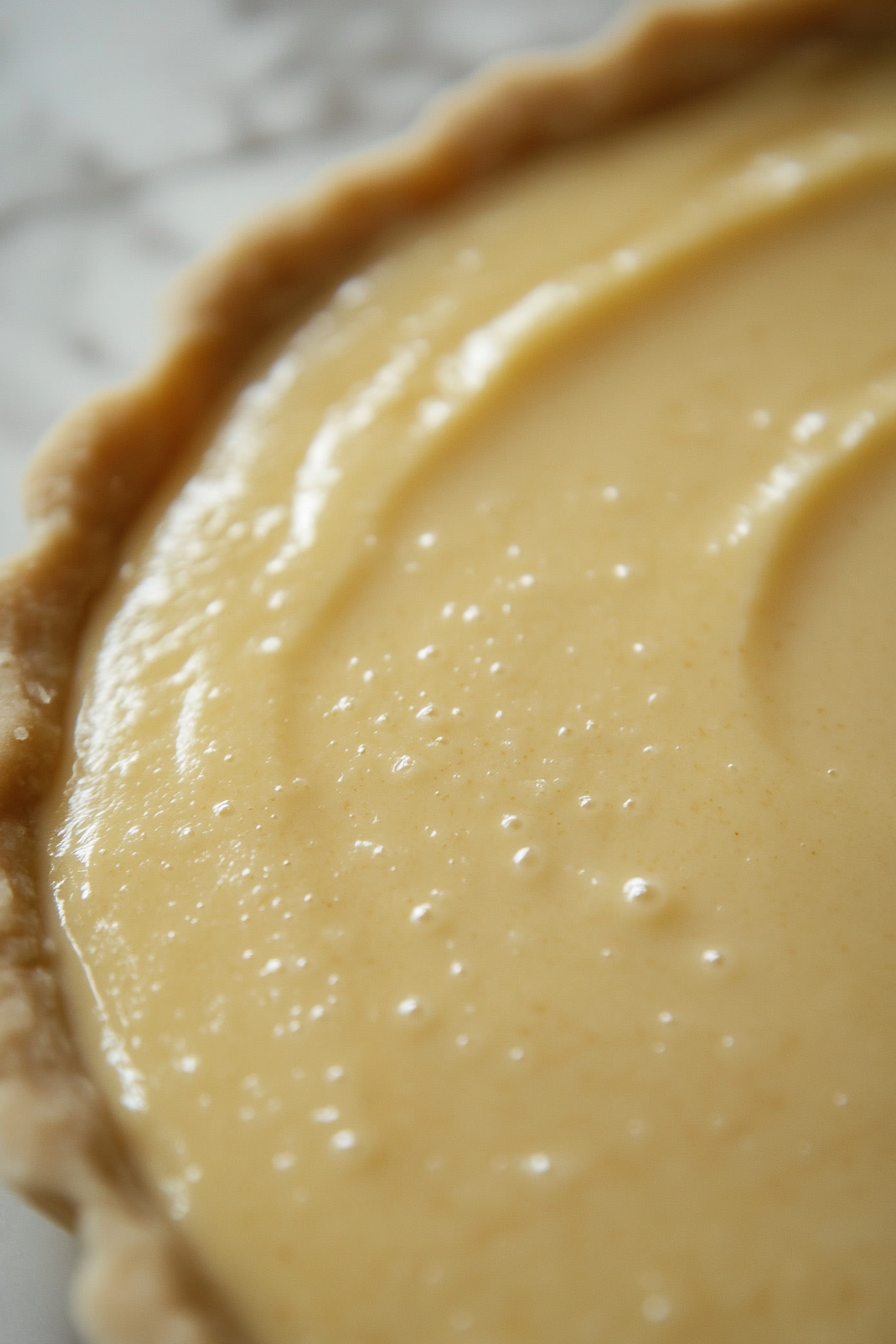 Close-up shot of the pre-baked tart crust on the white marble cooktop, filled with the smooth, golden eggnog custard. The surface is perfectly level and ready for baking.