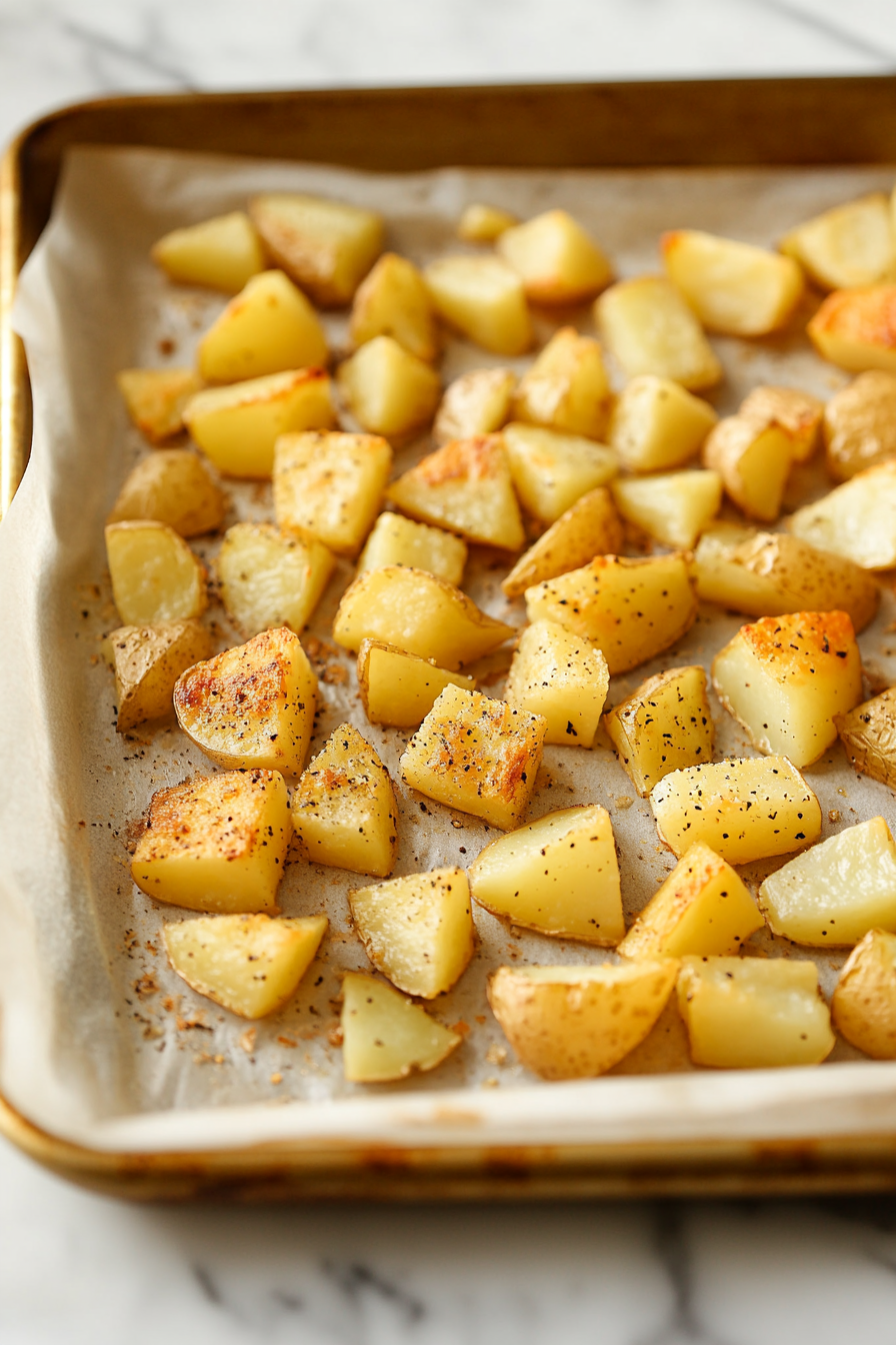 Close-up shot of the prepared baking sheet on the white marble cooktop, with the seasoned potato chunks spread out evenly in a single layer, ready for baking. The parchment paper contrasts with the golden potatoes.