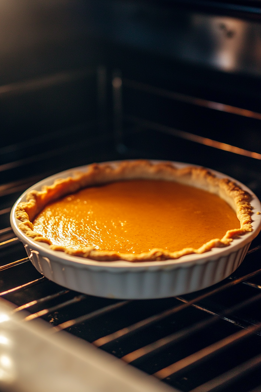 The pumpkin pie mixture in the oven, baking at 350°F. A slight golden color is beginning to form around the edges.