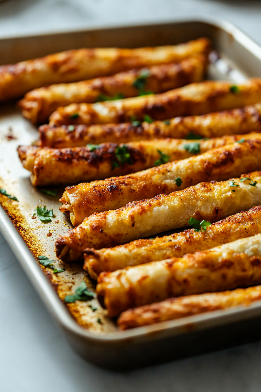 Close-up shot of a baking sheet on a white marble cooktop with golden brown and crispy taquitos, perfectly baked to a crisp texture.