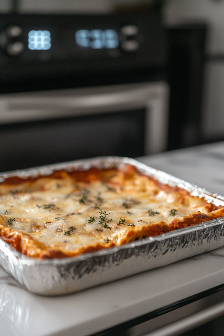 Close-up shot of the lasagna baking in the 9x13-inch dish on the white marble cooktop, covered tightly with foil, with a timer counting down in the background. The oven door is slightly open.