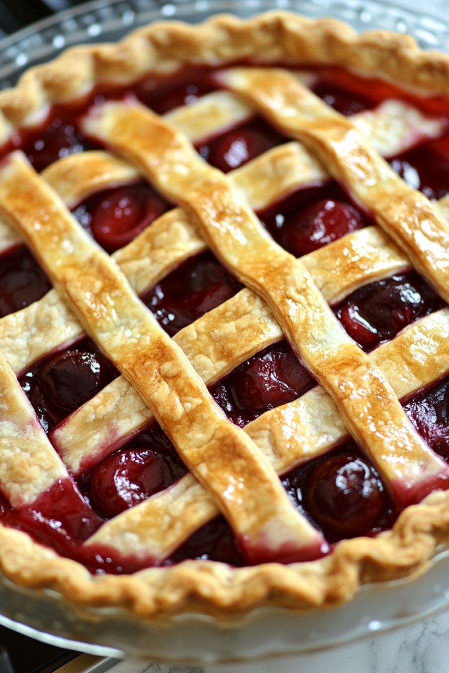 Close-up shot of the golden-brown vegan cherry pie on the white marble cooktop, still in the pie plate. The lattice crust is perfectly crisp, and the cherry filling bubbles slightly through the openings.