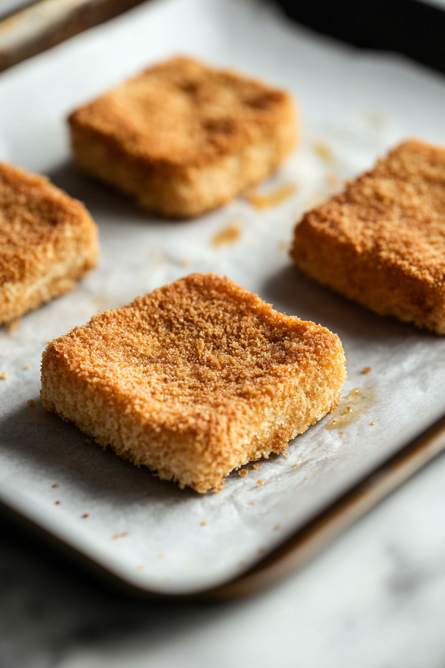 Close-up shot of the baking sheet with breaded vegan Chick’n sandwiches inside the oven, their golden crust crisping as steam rises, over the white marble cooktop.