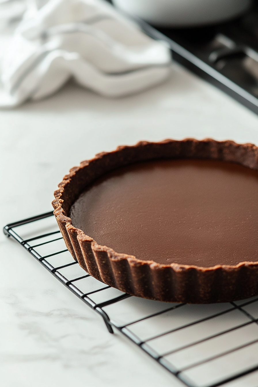 A close-up of a tart pan on a white marble countertop, showing the freshly baked crust with a firm texture and light cocoa color, cooling on a wire rack.