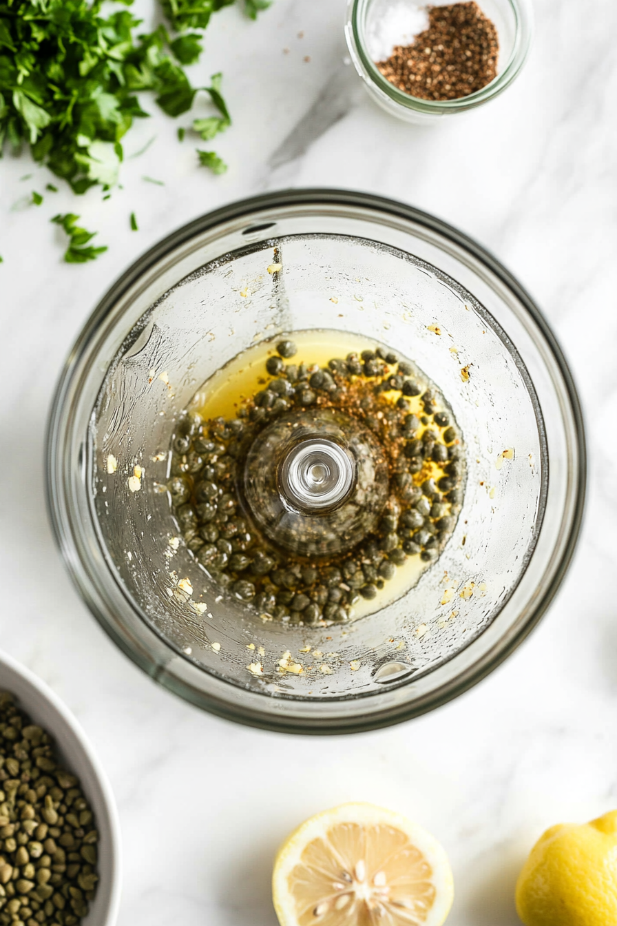 Close-up shot of a blender on the white marble cooktop, blending vegan mayo, Dijon mustard, capers, nutritional yeast, lemon juice, garlic powder, salt, and pepper until smooth.