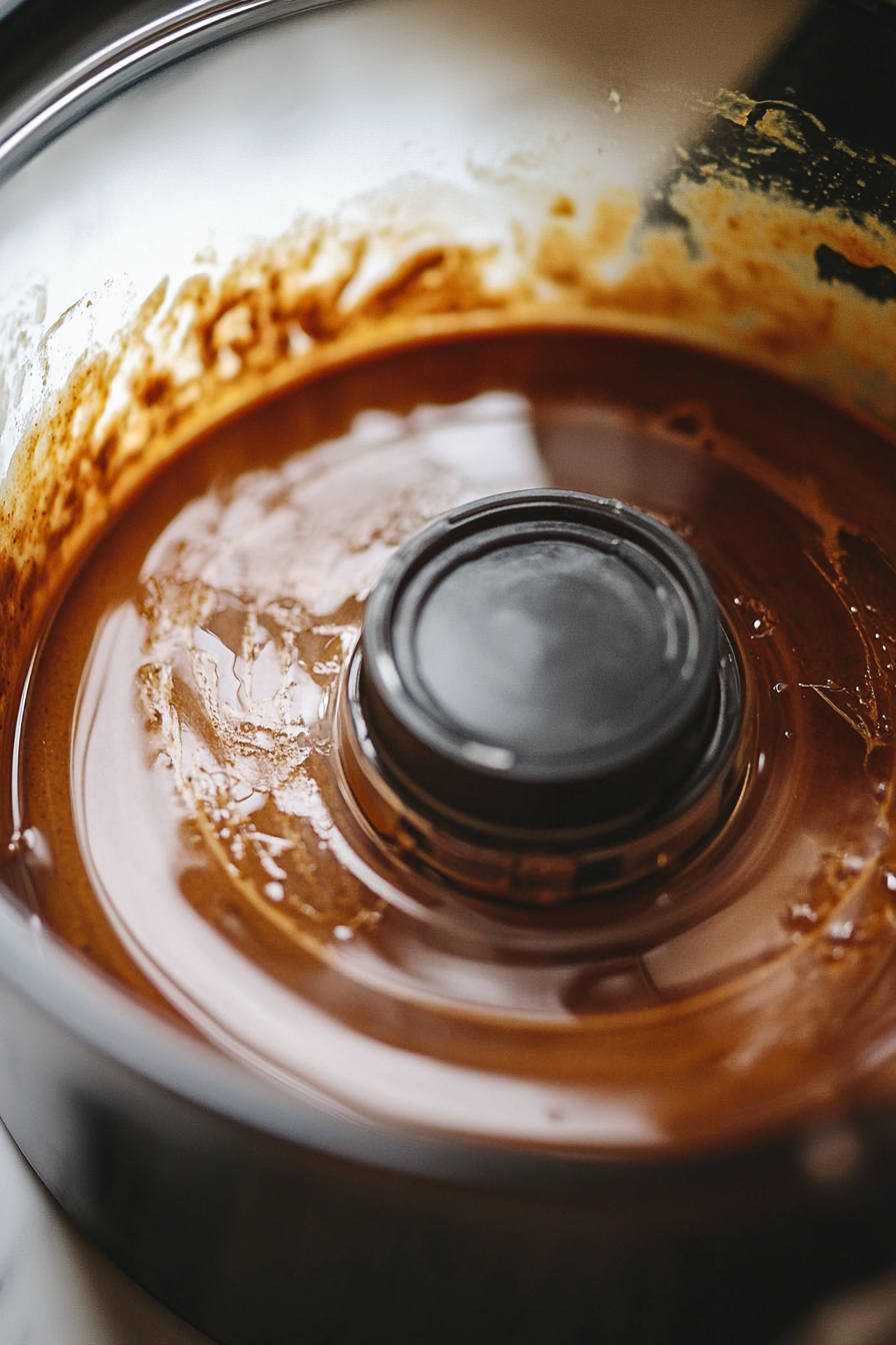 Close-up shot of a food processor blending a smooth mixture inside, consisting of pumpkin purée, maple syrup, arrowroot powder, pumpkin pie spice, almond butter, tofu, and vanilla extract. The mixture looks creamy and rich