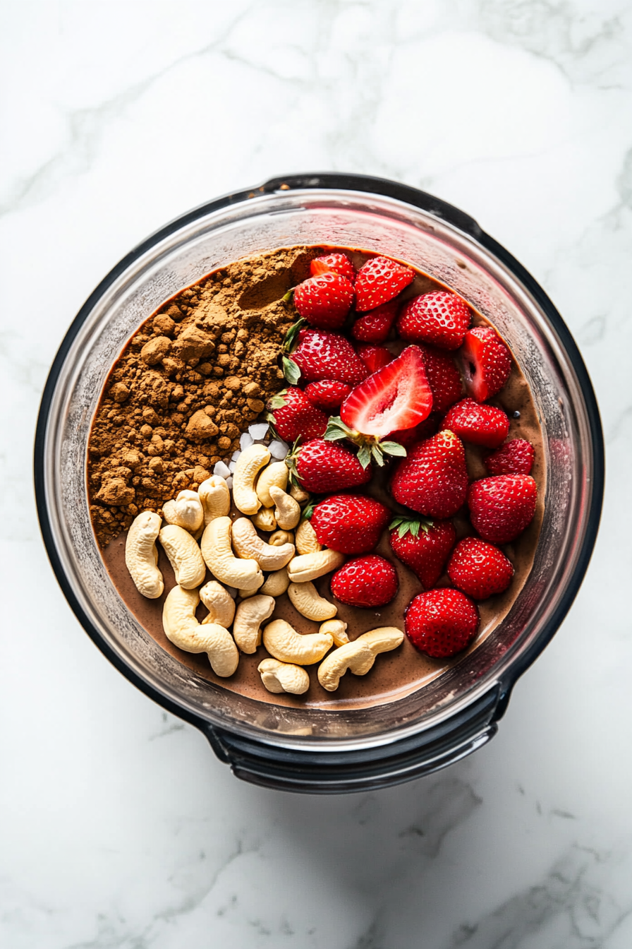 Close-up shot of a high-powered blender on a white marble countertop. Inside the blender are layers of cocoa powder, soaked cashews, strawberries, vanilla extract, salt, coconut oil, and maple syrup, ready to be blended