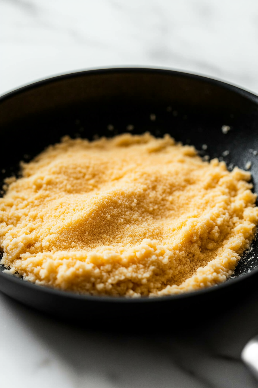 Close-up shot of a shiny black skillet on the white marble cooktop, filled with a mixture of silken tofu, vital wheat gluten, water, nutritional yeast, onion powder, vegetable broth powder, garlic powder, and salt. The ingredients are blending into a smooth doughy ball with a consistent texture.