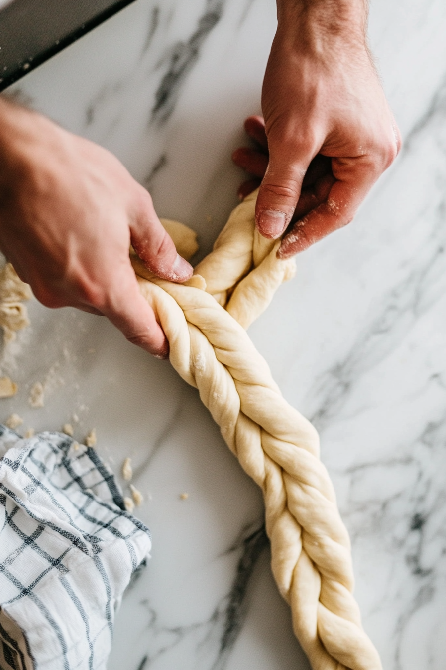 Close-up shot of hands braiding and knotting the dough into long, stringy textures on the white marble cooktop, with strands of dough neatly intertwined