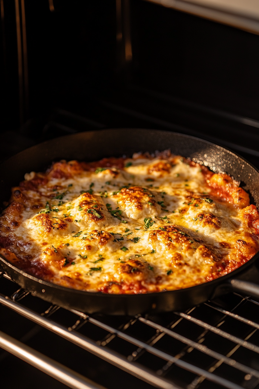 The black skillet is inside an oven, positioned about 6 inches from the broiler. The mozzarella topping is golden brown and bubbly, with slightly crisped edges, emphasizing the broiling step