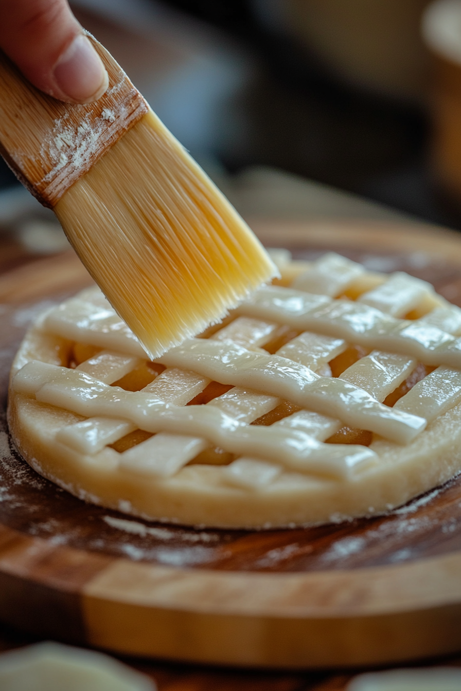 Close-up shot of lattice strips of dough being arranged on top of the apple filling, while the edges are brushed with egg wash. The egg wash creates a glossy finish on the dough.