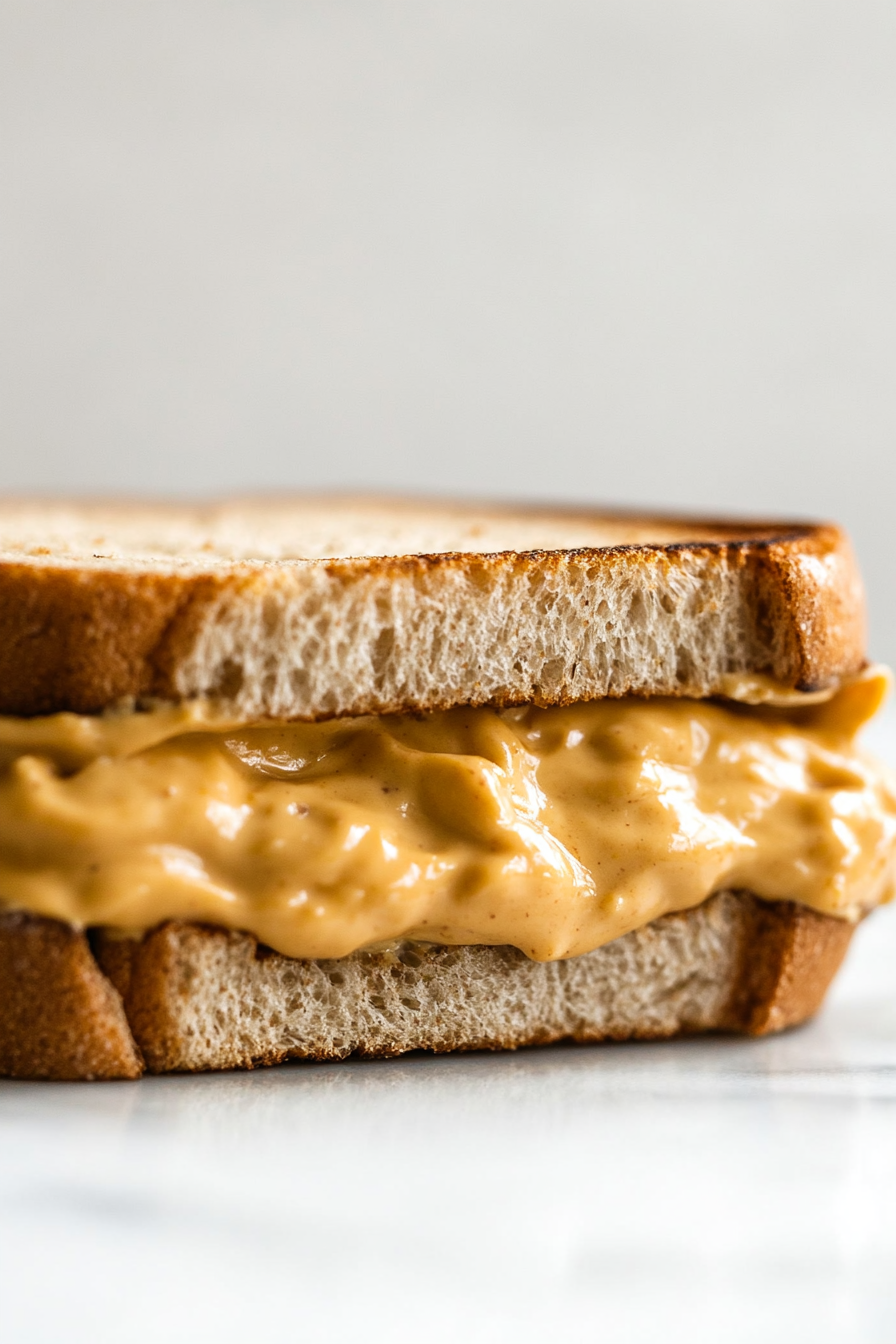 Close-up shot of the creamy mayo-mustard mixture evenly spread over the surface of the assembled vegan Chick’n sandwich, glistening under soft light, over the white marble cooktop.