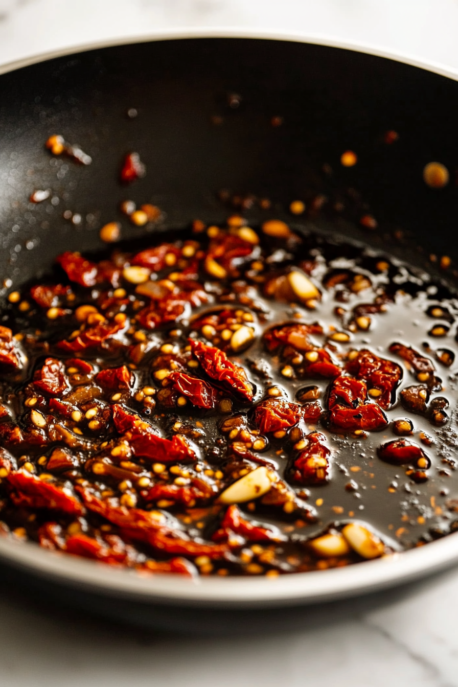 Close-up shot of a large black skillet on a white marble cooktop, with Italian seasoning, balsamic vinegar, and tomato paste being stirred into the garlic and sun-dried tomatoes. The ingredients cook and caramelize, turning golden and aromatic. The skillet's surface glistens with the caramelizing sauce.