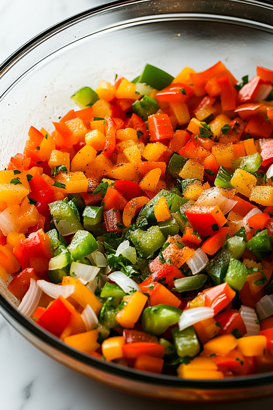 Close-up shot of a large glass pan with a lid on the white marble cooktop, filled with vibrant chopped bell peppers and onions. Chili powder, cumin, garlic powder, fine sea salt, lime juice, and water coat the vegetables, glistening as they cook.